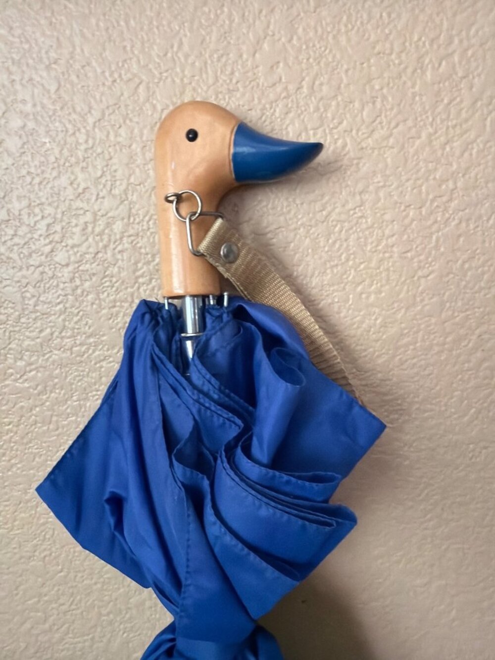 Duck Handle Folding Umbrella Blue Canopy Wooden Handle Novelty Compact Umbrella - Picture 2 of 9